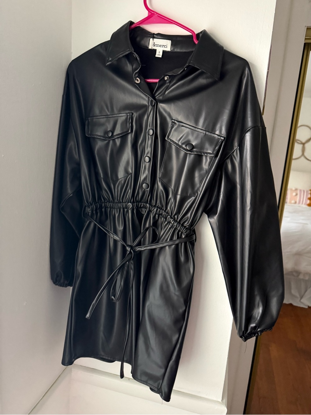 &merci Black Faux-Leather Cinched Waist Dress